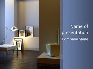 Interior Of Home With Chrome Lamp And Frames (3D Render) PowerPoint Template