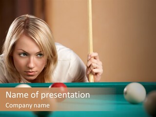 The Beautiful Blonde Aims In The Course Of Game At Billiards PowerPoint Template