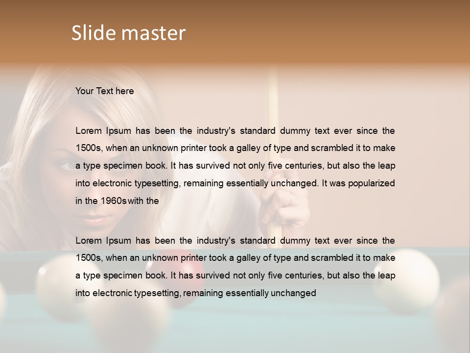 The Beautiful Blonde Aims In The Course Of Game At Billiards PowerPoint Template