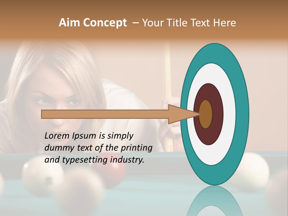 The Beautiful Blonde Aims In The Course Of Game At Billiards PowerPoint Template
