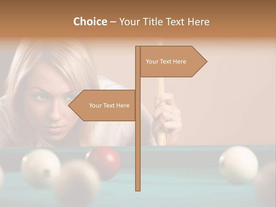 The Beautiful Blonde Aims In The Course Of Game At Billiards PowerPoint Template