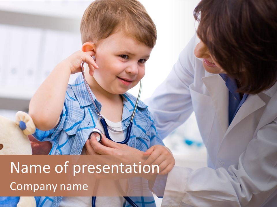 Senior Female Doctor Examining Happy Child, Smiling. PowerPoint Template