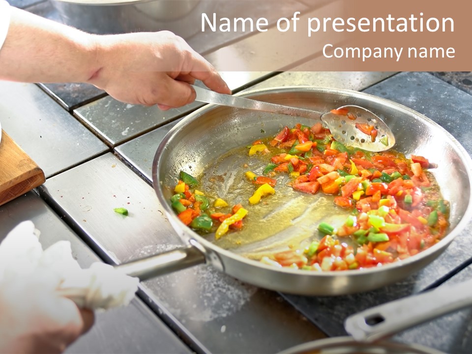 Chef Hands With Frying Pan On Professional Kitchen PowerPoint Template