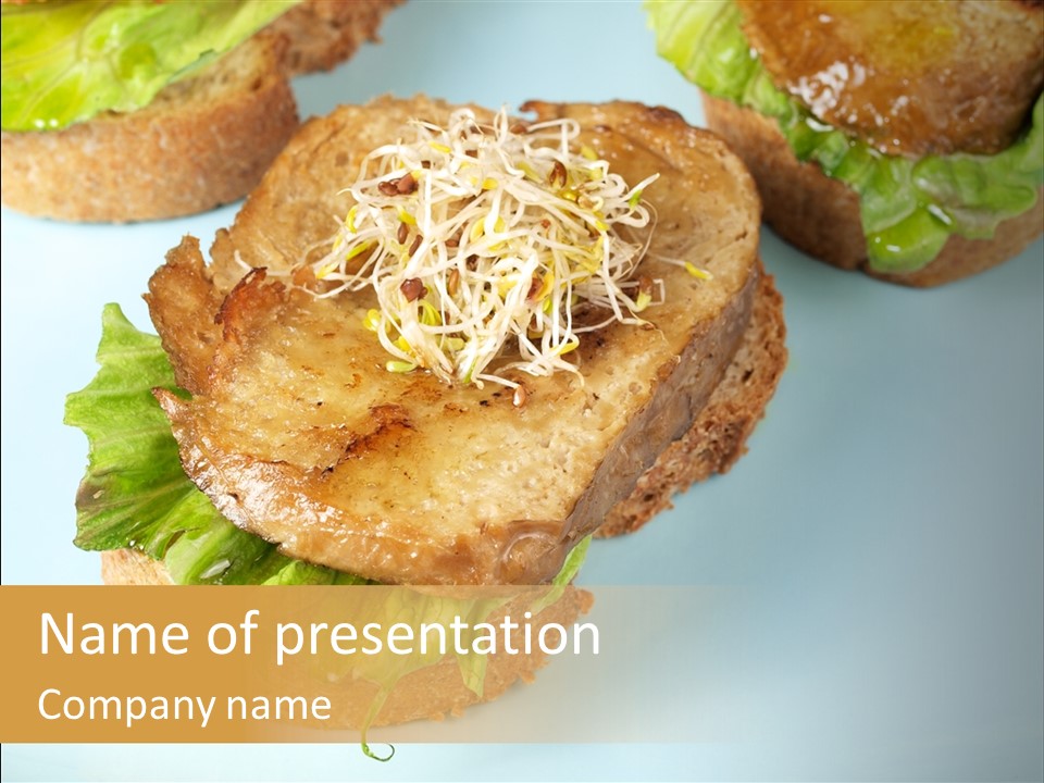 Lettuce, Fried Seitan Slice And Grown Soy Shoots With Bread, Tapa Appetizer PowerPoint Template