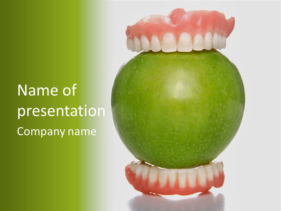 False Teeth Having A Big Bite Into A Green Apple PowerPoint Template