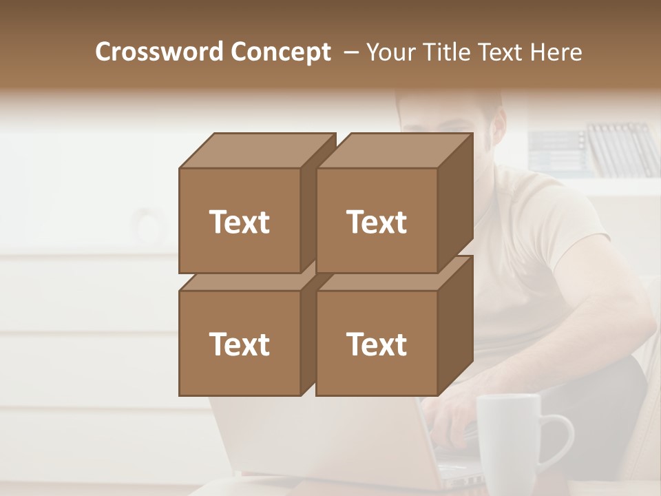 Happy Young Man In T-Shirt Sitting On Sofa At Home, Working On Laptop Computer, Smiling. PowerPoint Template