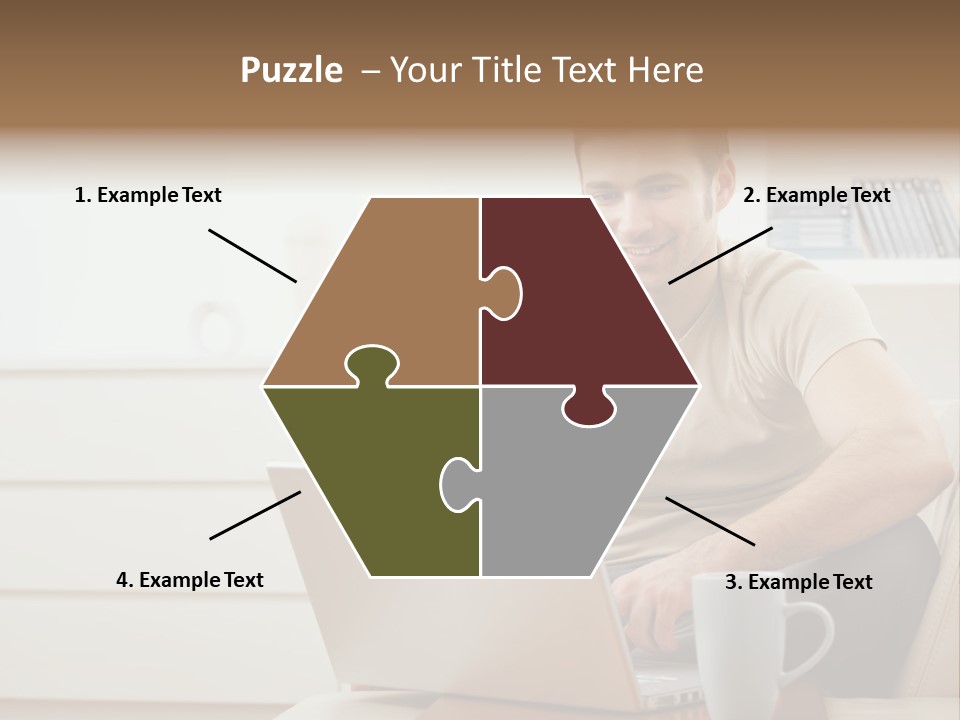 Happy Young Man In T-Shirt Sitting On Sofa At Home, Working On Laptop Computer, Smiling. PowerPoint Template