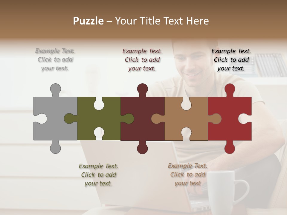 Happy Young Man In T-Shirt Sitting On Sofa At Home, Working On Laptop Computer, Smiling. PowerPoint Template