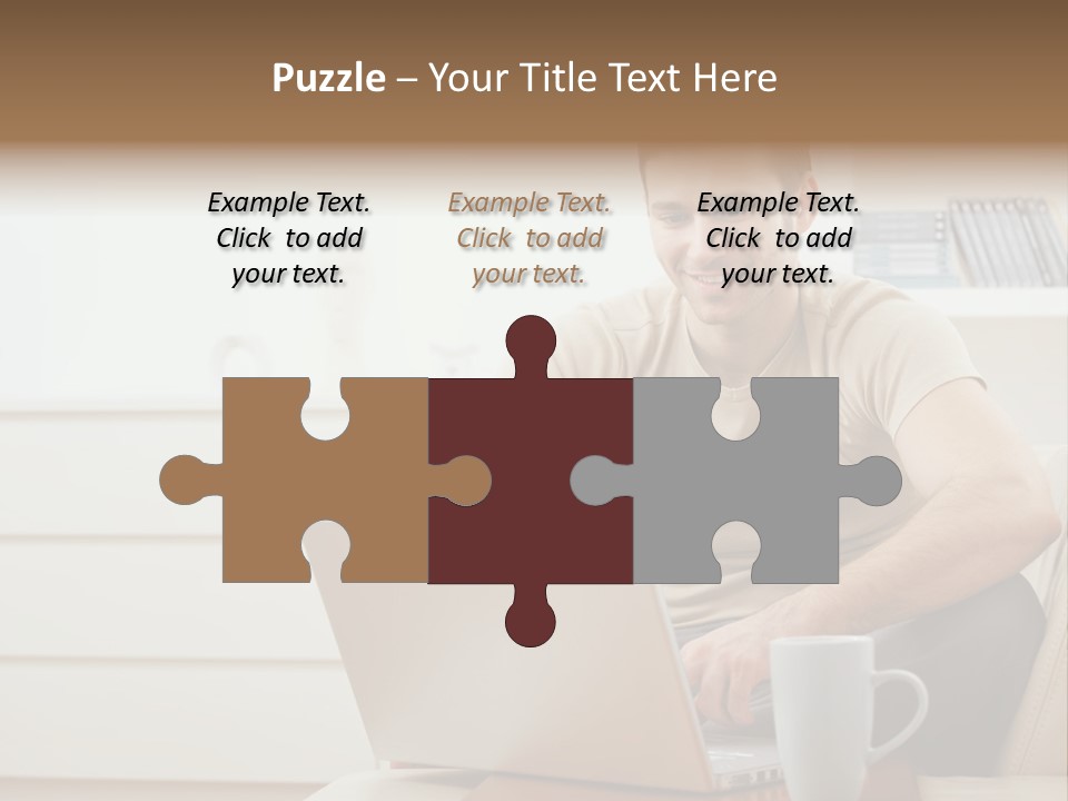 Happy Young Man In T-Shirt Sitting On Sofa At Home, Working On Laptop Computer, Smiling. PowerPoint Template