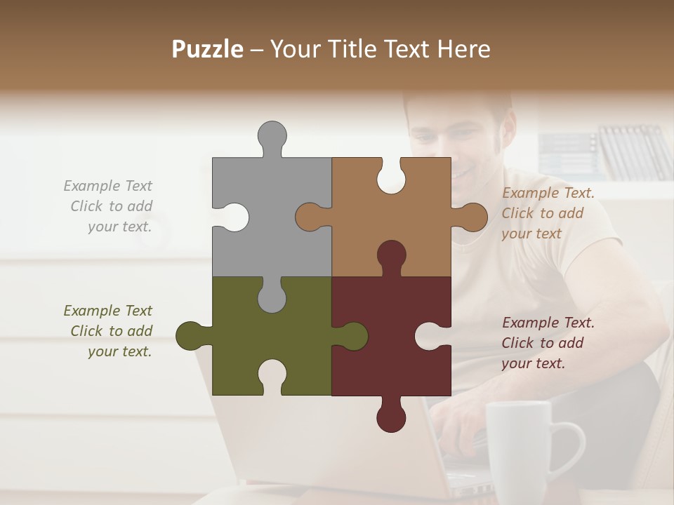 Happy Young Man In T-Shirt Sitting On Sofa At Home, Working On Laptop Computer, Smiling. PowerPoint Template