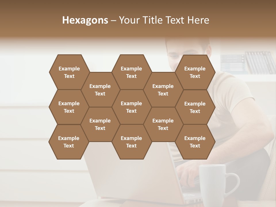 Happy Young Man In T-Shirt Sitting On Sofa At Home, Working On Laptop Computer, Smiling. PowerPoint Template