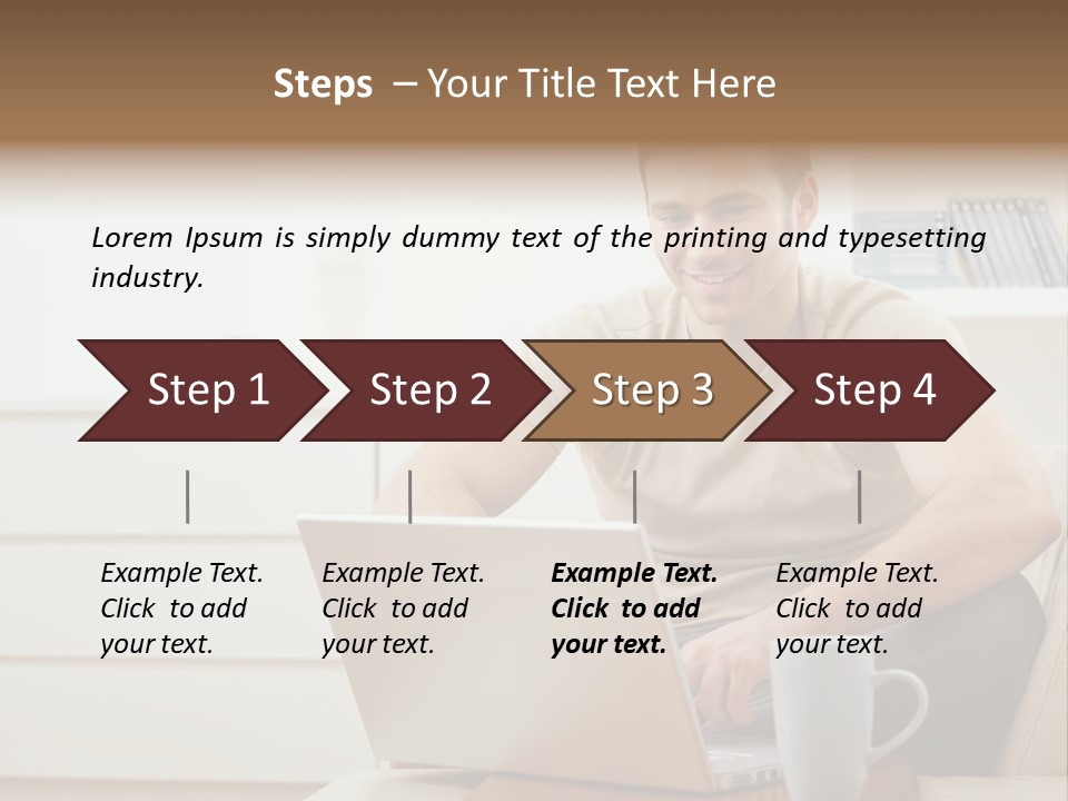 Happy Young Man In T-Shirt Sitting On Sofa At Home, Working On Laptop Computer, Smiling. PowerPoint Template