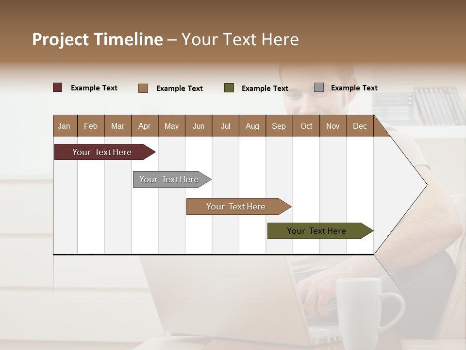 Happy Young Man In T-Shirt Sitting On Sofa At Home, Working On Laptop Computer, Smiling. PowerPoint Template