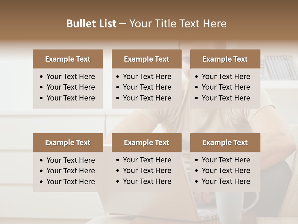 Happy Young Man In T-Shirt Sitting On Sofa At Home, Working On Laptop Computer, Smiling. PowerPoint Template