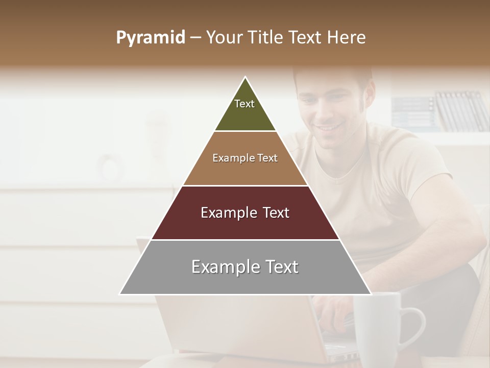 Happy Young Man In T-Shirt Sitting On Sofa At Home, Working On Laptop Computer, Smiling. PowerPoint Template