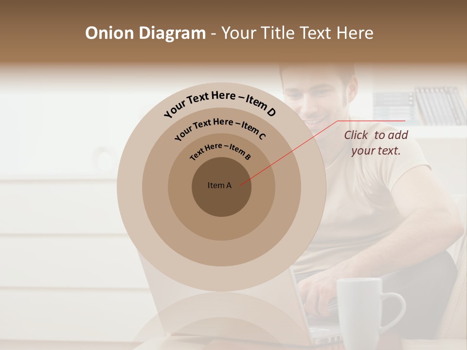 Happy Young Man In T-Shirt Sitting On Sofa At Home, Working On Laptop Computer, Smiling. PowerPoint Template