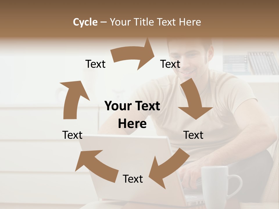 Happy Young Man In T-Shirt Sitting On Sofa At Home, Working On Laptop Computer, Smiling. PowerPoint Template