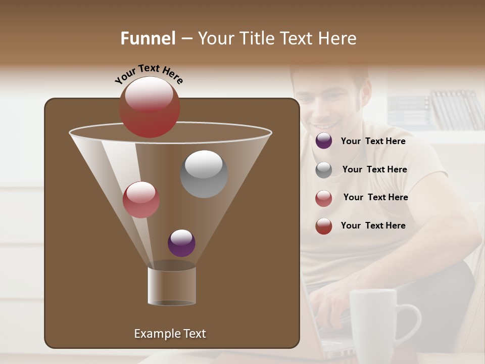 Happy Young Man In T-Shirt Sitting On Sofa At Home, Working On Laptop Computer, Smiling. PowerPoint Template