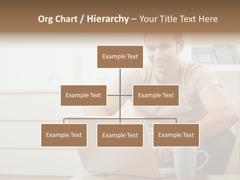 Happy Young Man In T-Shirt Sitting On Sofa At Home, Working On Laptop Computer, Smiling. PowerPoint Template
