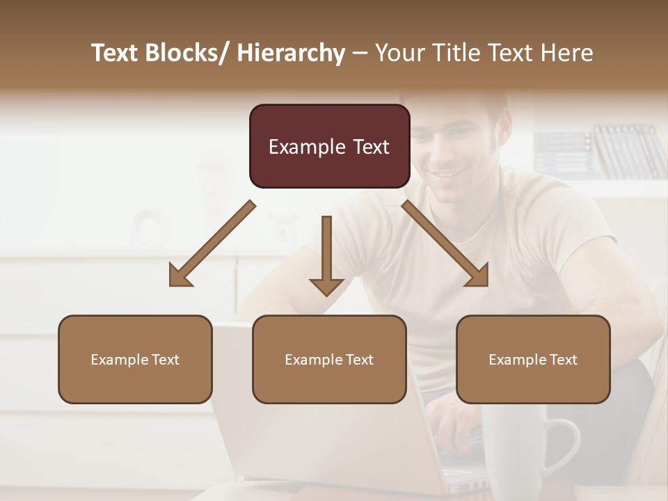 Happy Young Man In T-Shirt Sitting On Sofa At Home, Working On Laptop Computer, Smiling. PowerPoint Template