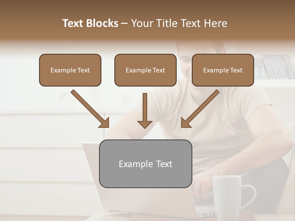 Happy Young Man In T-Shirt Sitting On Sofa At Home, Working On Laptop Computer, Smiling. PowerPoint Template