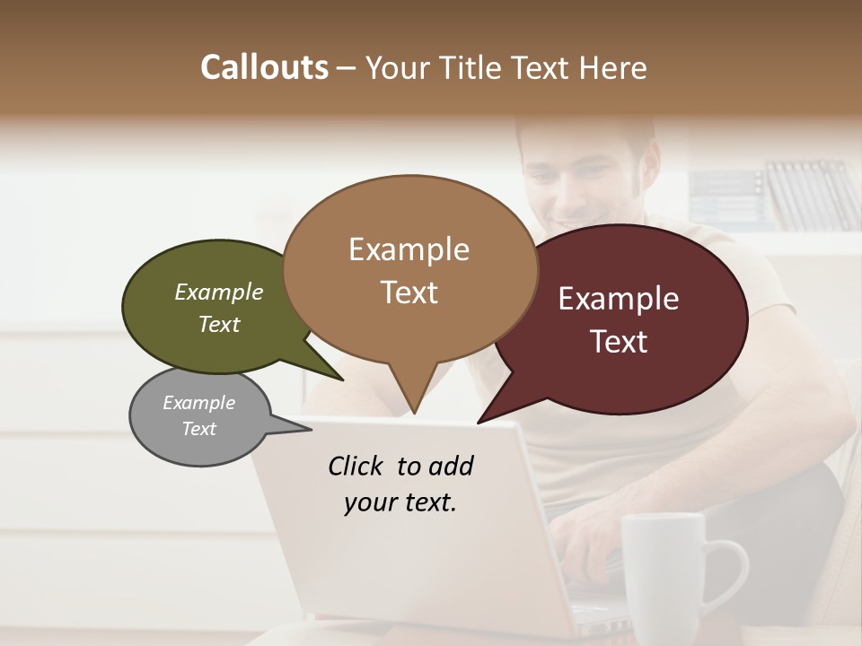 Happy Young Man In T-Shirt Sitting On Sofa At Home, Working On Laptop Computer, Smiling. PowerPoint Template