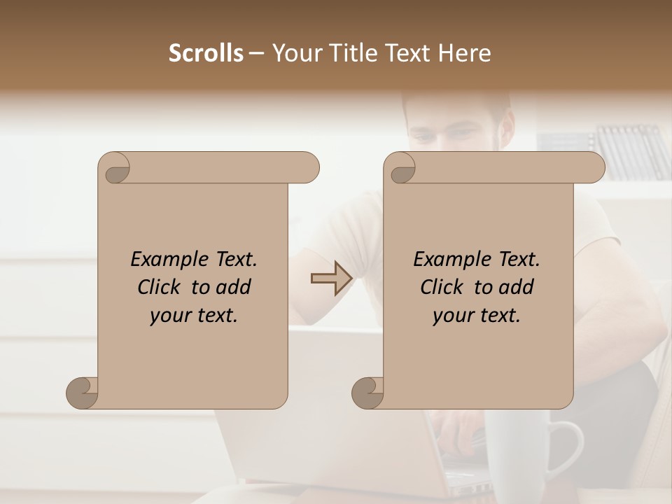 Happy Young Man In T-Shirt Sitting On Sofa At Home, Working On Laptop Computer, Smiling. PowerPoint Template