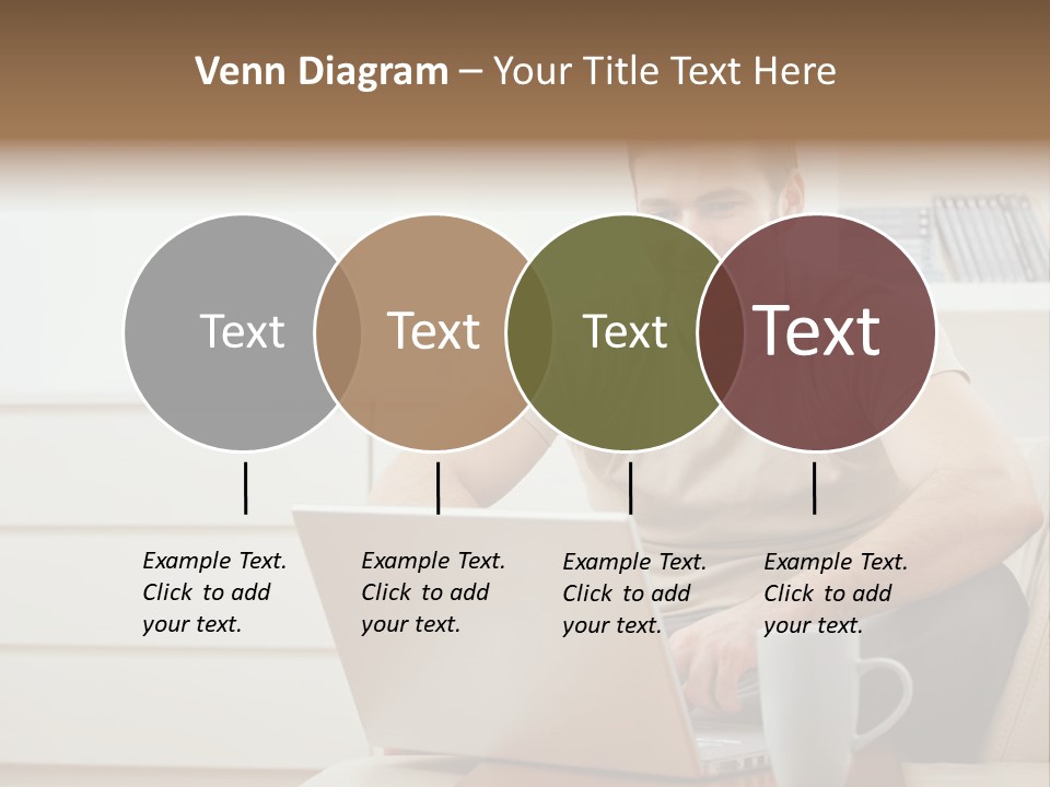 Happy Young Man In T-Shirt Sitting On Sofa At Home, Working On Laptop Computer, Smiling. PowerPoint Template