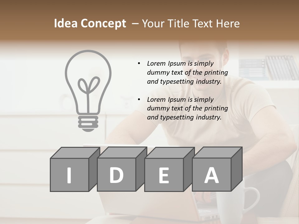 Happy Young Man In T-Shirt Sitting On Sofa At Home, Working On Laptop Computer, Smiling. PowerPoint Template