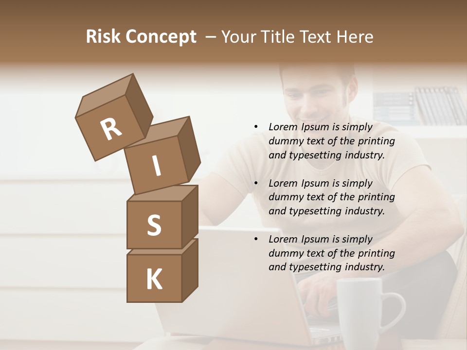 Happy Young Man In T-Shirt Sitting On Sofa At Home, Working On Laptop Computer, Smiling. PowerPoint Template