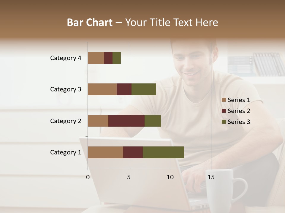 Happy Young Man In T-Shirt Sitting On Sofa At Home, Working On Laptop Computer, Smiling. PowerPoint Template