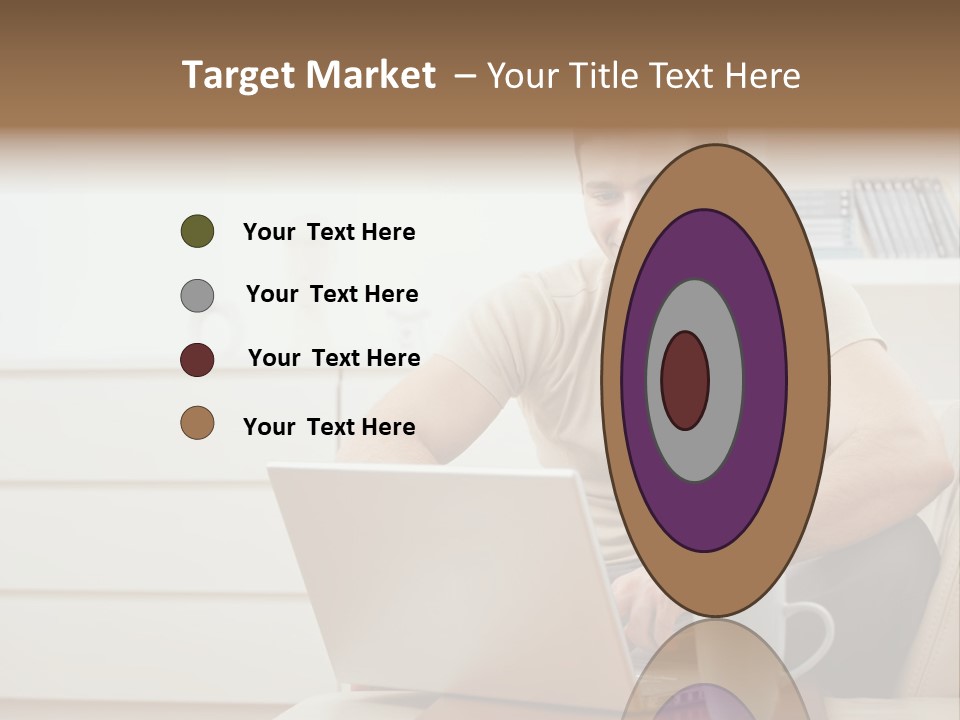 Happy Young Man In T-Shirt Sitting On Sofa At Home, Working On Laptop Computer, Smiling. PowerPoint Template