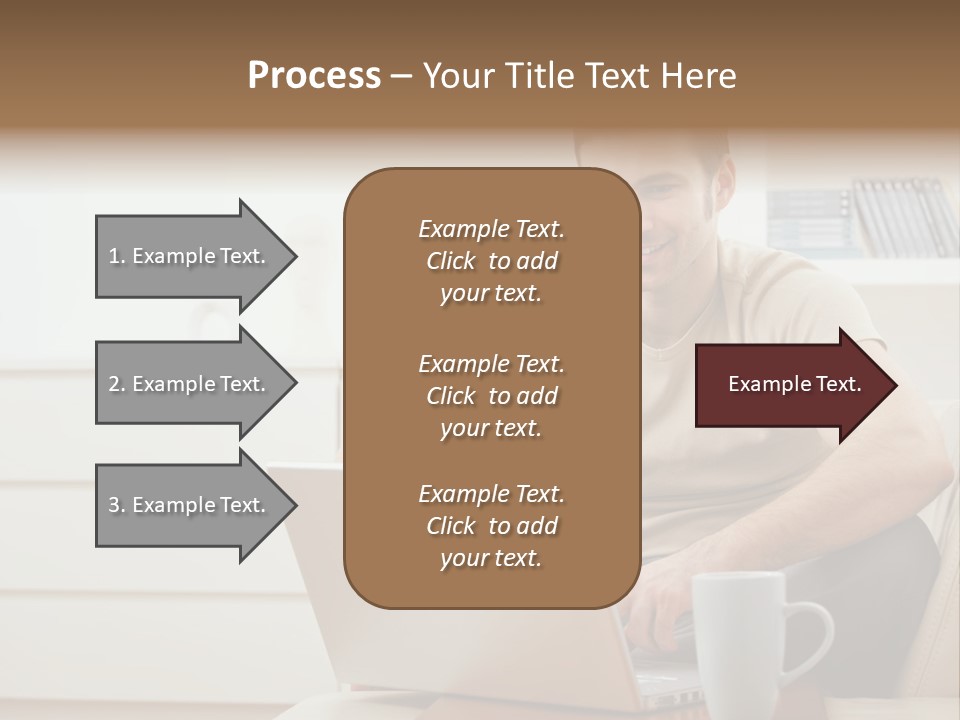 Happy Young Man In T-Shirt Sitting On Sofa At Home, Working On Laptop Computer, Smiling. PowerPoint Template