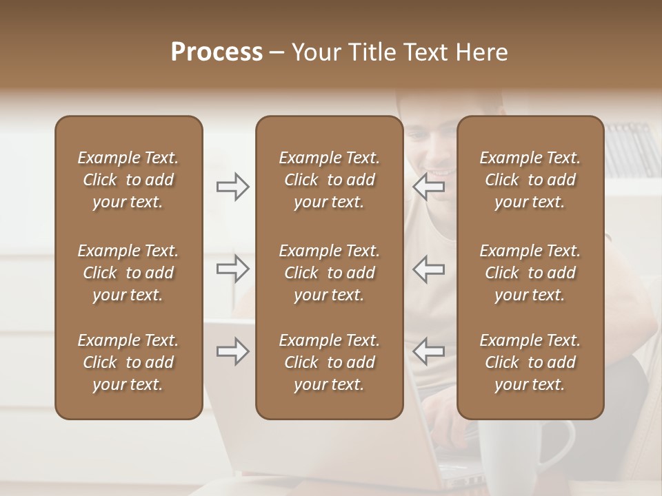 Happy Young Man In T-Shirt Sitting On Sofa At Home, Working On Laptop Computer, Smiling. PowerPoint Template