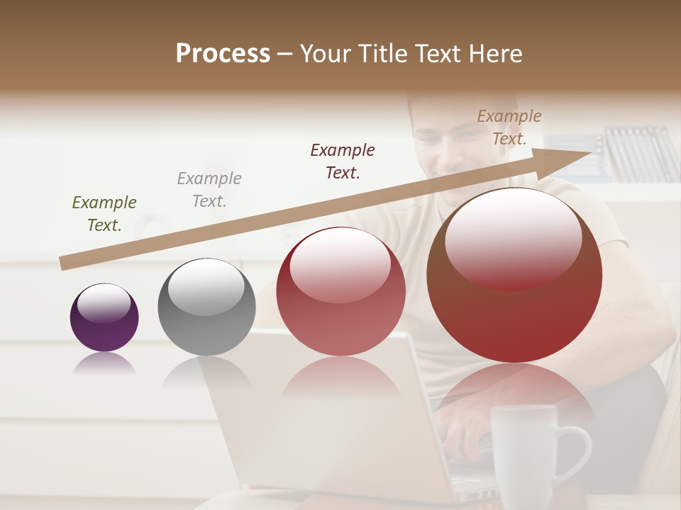 Happy Young Man In T-Shirt Sitting On Sofa At Home, Working On Laptop Computer, Smiling. PowerPoint Template