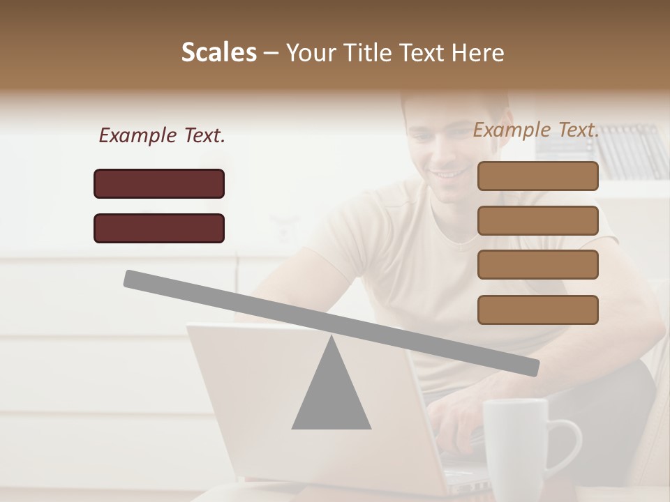 Happy Young Man In T-Shirt Sitting On Sofa At Home, Working On Laptop Computer, Smiling. PowerPoint Template