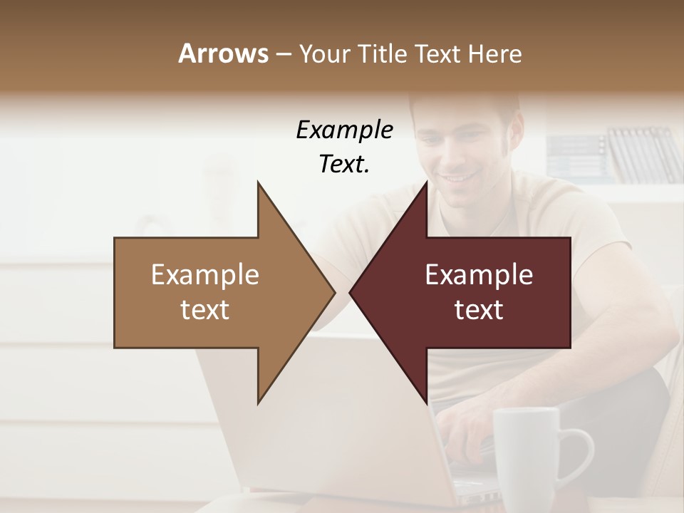 Happy Young Man In T-Shirt Sitting On Sofa At Home, Working On Laptop Computer, Smiling. PowerPoint Template