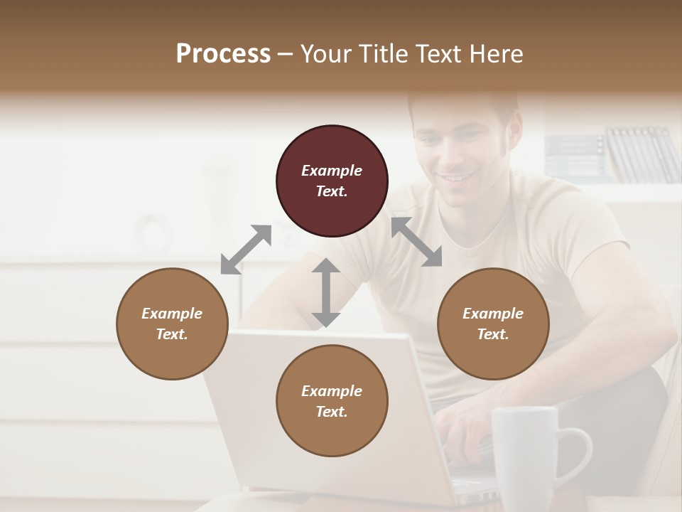 Happy Young Man In T-Shirt Sitting On Sofa At Home, Working On Laptop Computer, Smiling. PowerPoint Template