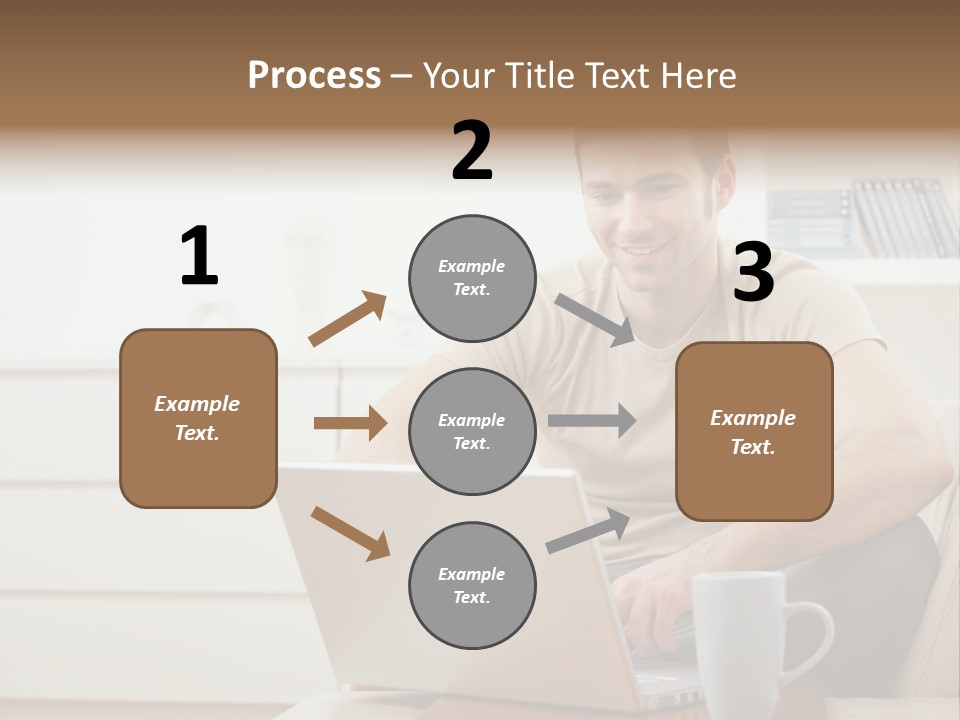 Happy Young Man In T-Shirt Sitting On Sofa At Home, Working On Laptop Computer, Smiling. PowerPoint Template