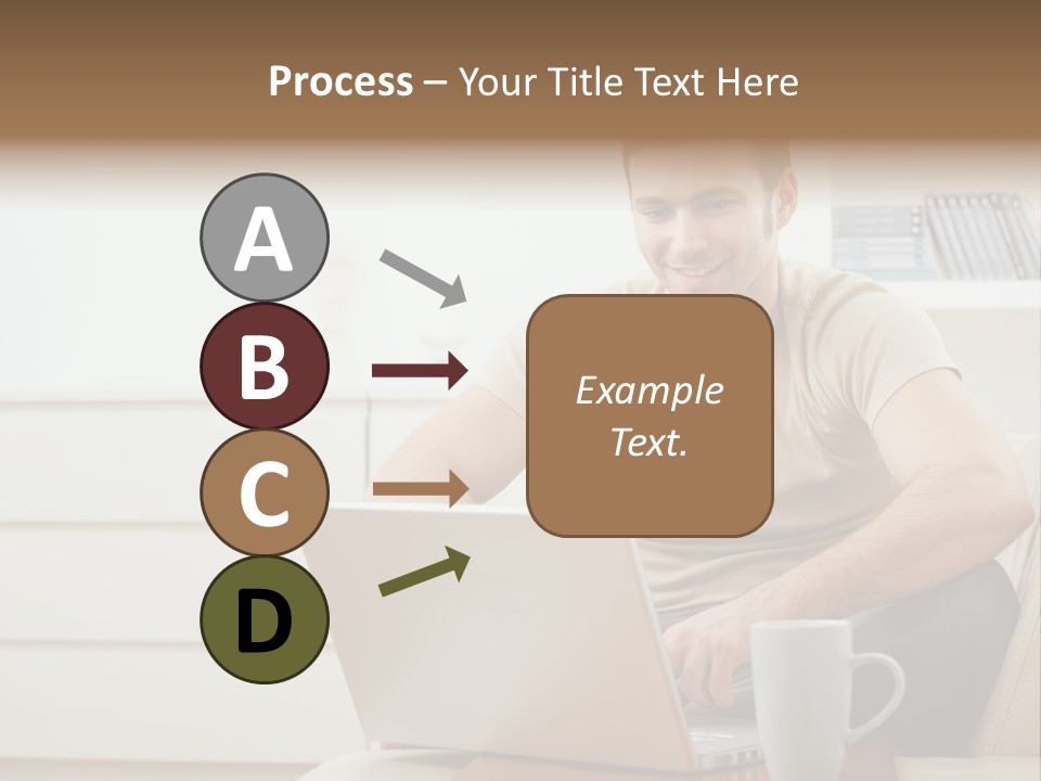 Happy Young Man In T-Shirt Sitting On Sofa At Home, Working On Laptop Computer, Smiling. PowerPoint Template