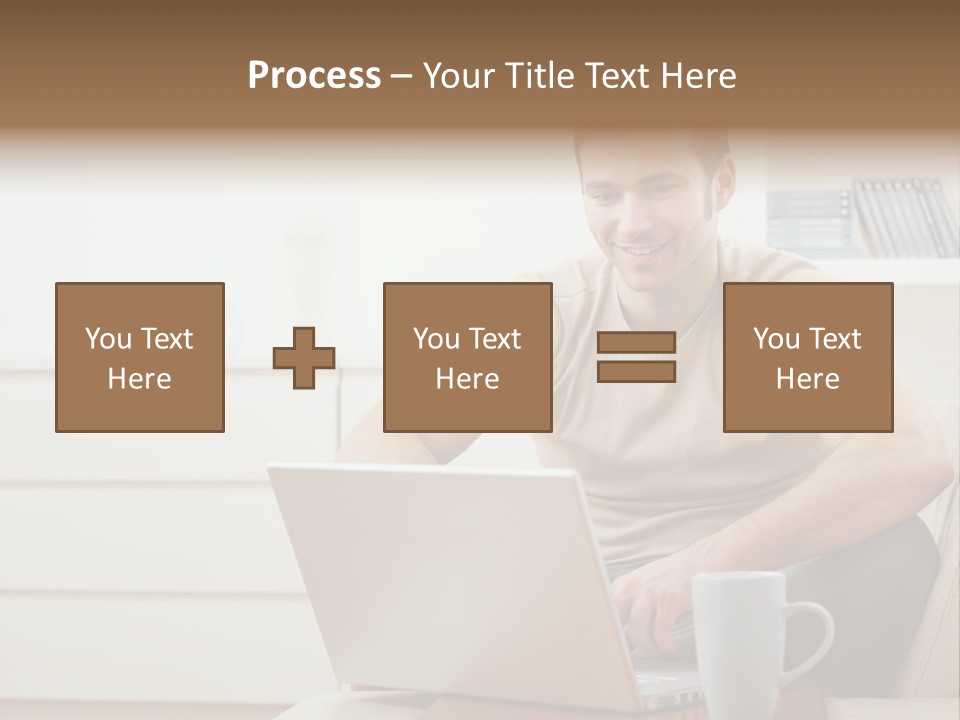 Happy Young Man In T-Shirt Sitting On Sofa At Home, Working On Laptop Computer, Smiling. PowerPoint Template