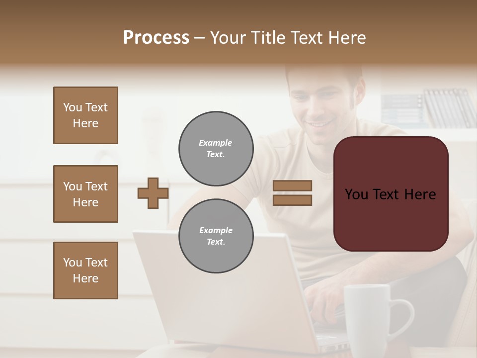 Happy Young Man In T-Shirt Sitting On Sofa At Home, Working On Laptop Computer, Smiling. PowerPoint Template