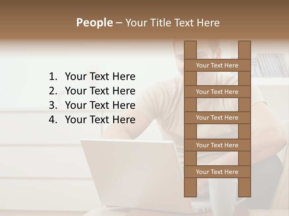 Happy Young Man In T-Shirt Sitting On Sofa At Home, Working On Laptop Computer, Smiling. PowerPoint Template