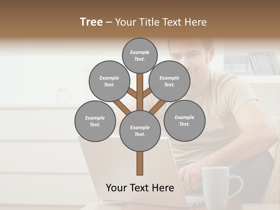 Happy Young Man In T-Shirt Sitting On Sofa At Home, Working On Laptop Computer, Smiling. PowerPoint Template