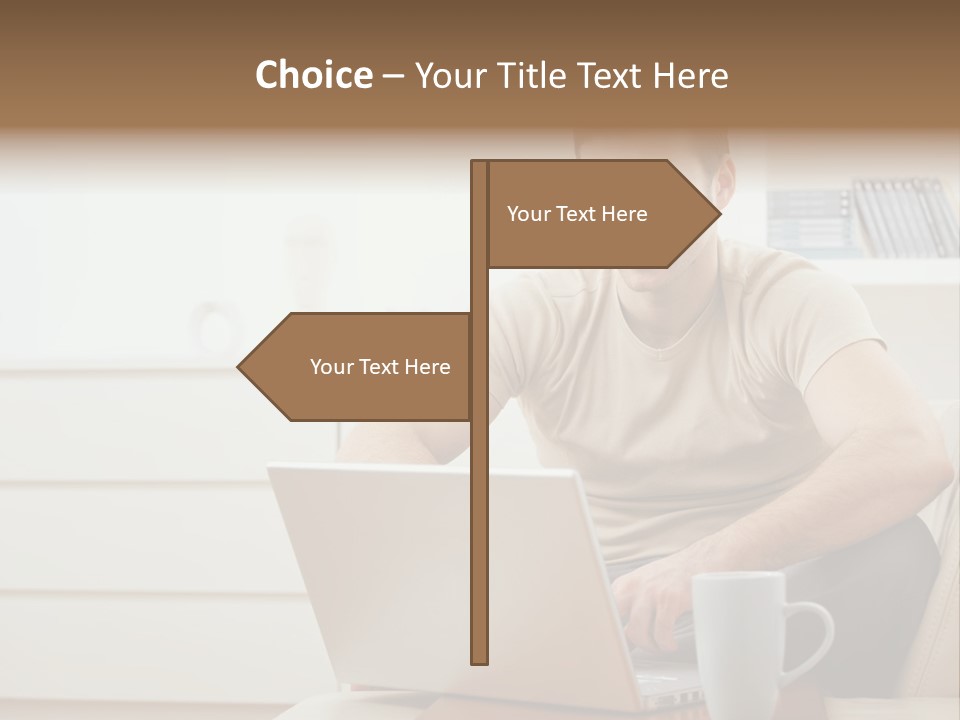 Happy Young Man In T-Shirt Sitting On Sofa At Home, Working On Laptop Computer, Smiling. PowerPoint Template