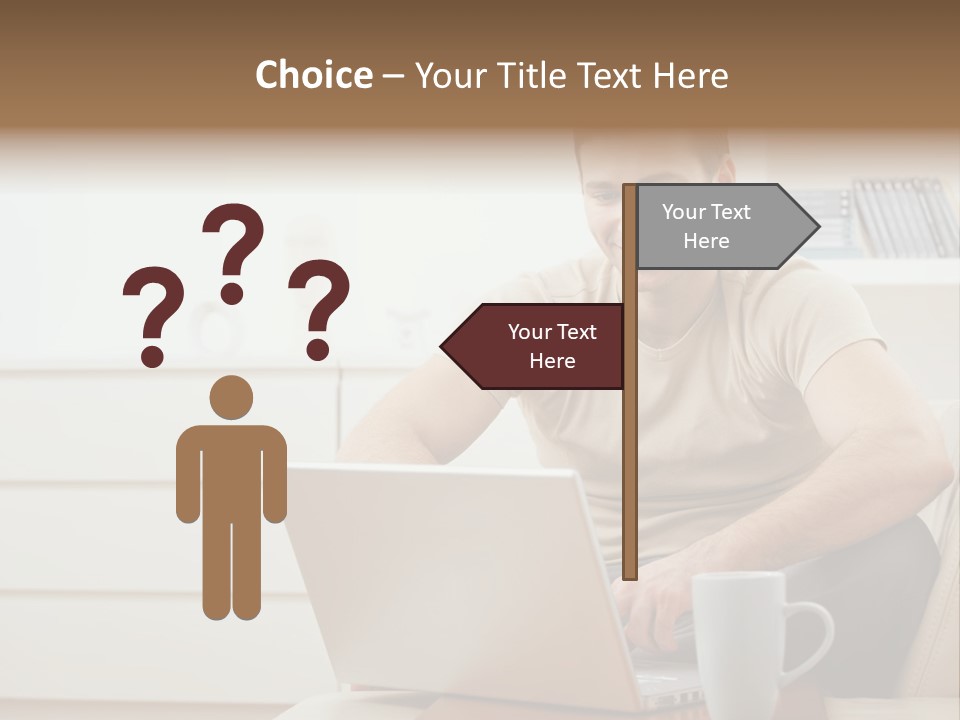 Happy Young Man In T-Shirt Sitting On Sofa At Home, Working On Laptop Computer, Smiling. PowerPoint Template