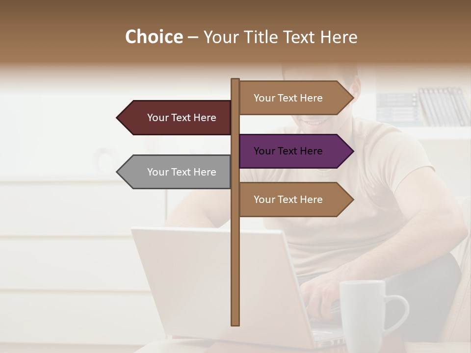 Happy Young Man In T-Shirt Sitting On Sofa At Home, Working On Laptop Computer, Smiling. PowerPoint Template