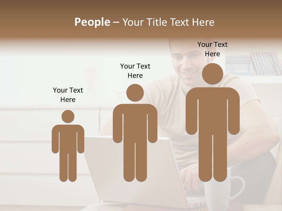 Happy Young Man In T-Shirt Sitting On Sofa At Home, Working On Laptop Computer, Smiling. PowerPoint Template