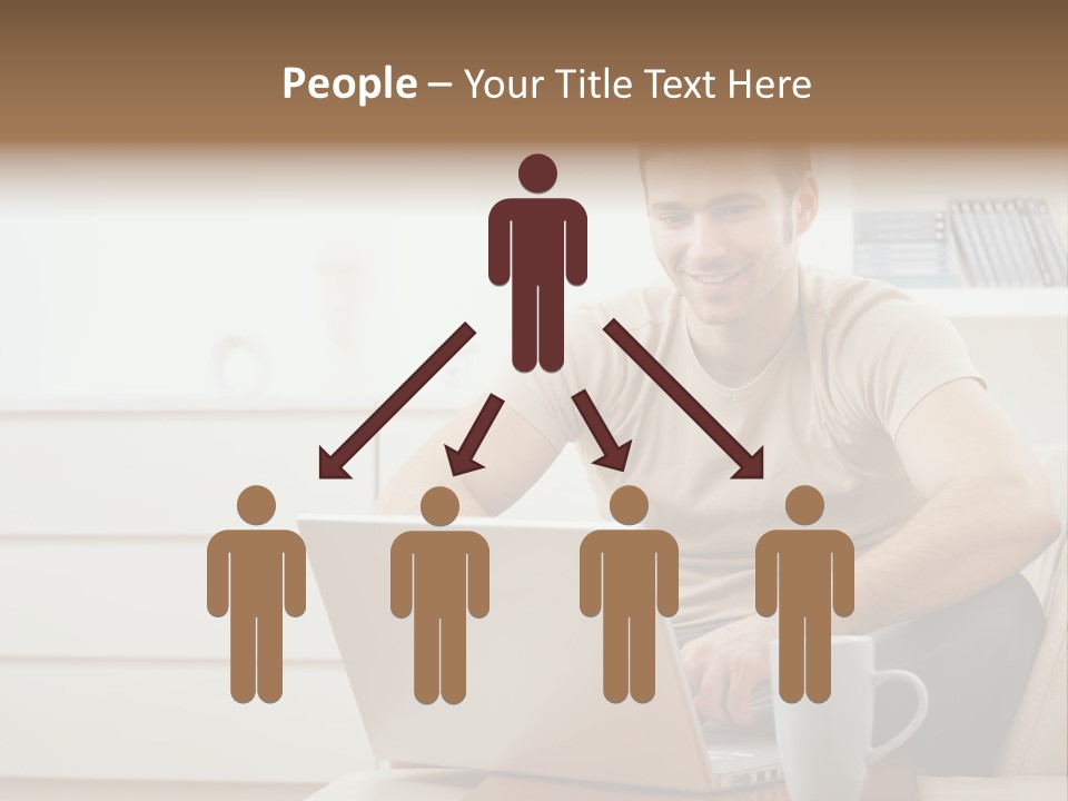 Happy Young Man In T-Shirt Sitting On Sofa At Home, Working On Laptop Computer, Smiling. PowerPoint Template