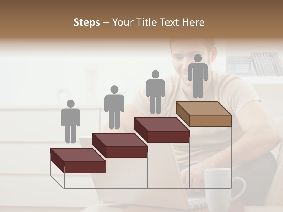 Happy Young Man In T-Shirt Sitting On Sofa At Home, Working On Laptop Computer, Smiling. PowerPoint Template